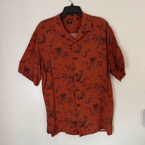 Uniqlo Printed Button Down Size L Music Festival 100% Rayon Burnt Orange